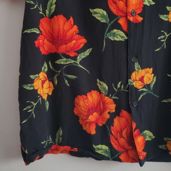 Forever 21 Men Black Orange Floral Button Up Casual Short Sleeve Shirt - Picture 5 of 6